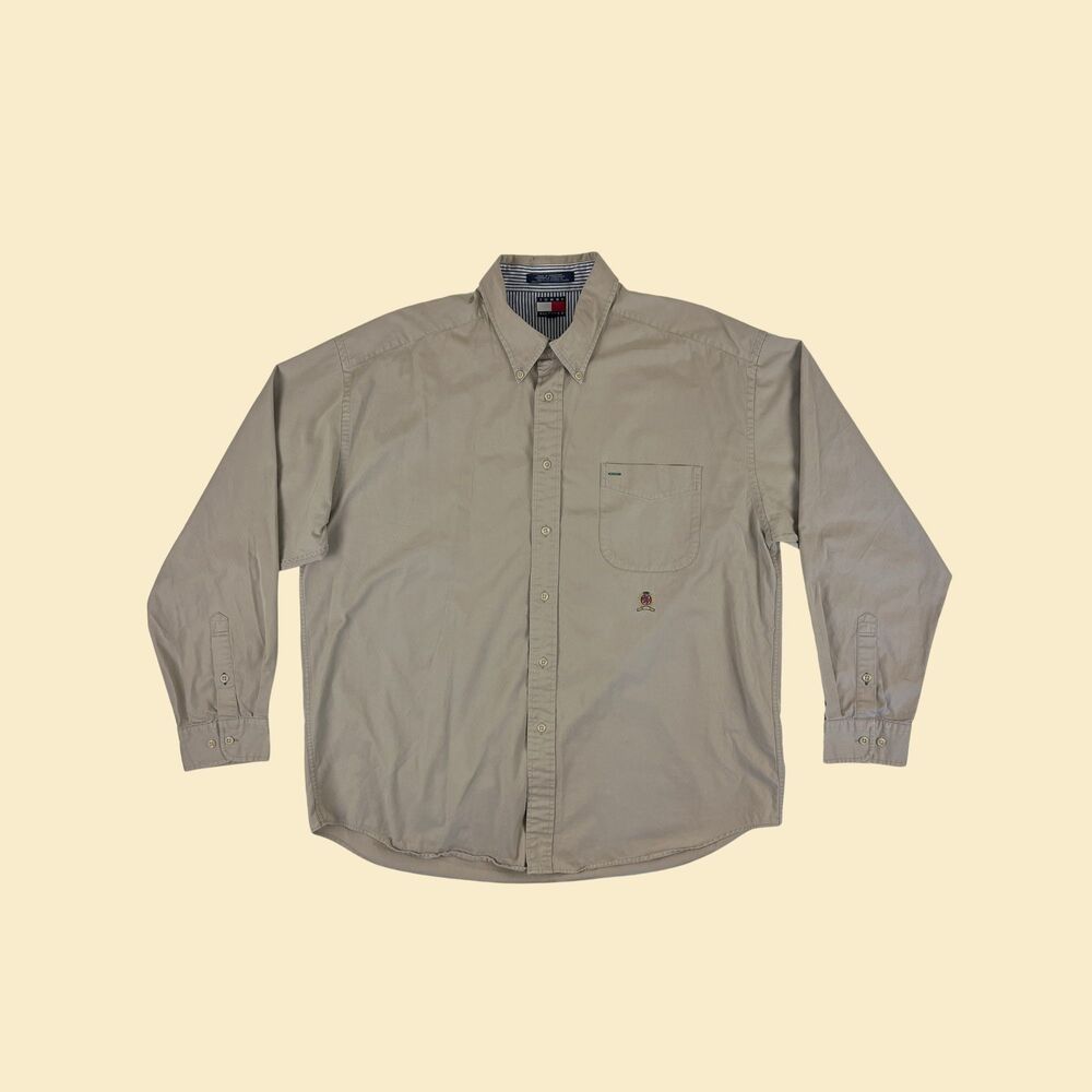 1990s XL Tommy Hilfiger shirt, vintage beige mens button down top